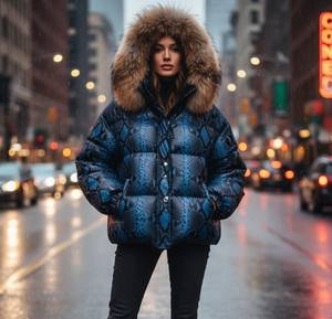 Veste d'hiver en cuir véritable effet peau de serpent, garniture en fourrure de renard brun, fermeture éclair sur le devant, coupe-vent, streetwear, veste en cuir pour femme - Product Image 2