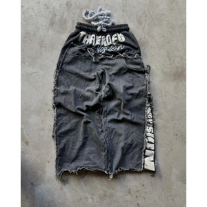 กางเกงฮาราจูกุขายาวสำหรับผู้ชาย, กางเกงขากว้างแนวสตรีทเอวยางยืดมีรอยขาดพร้อมเชือกรูดสไตล์ซัก Y2K - Product Image 1