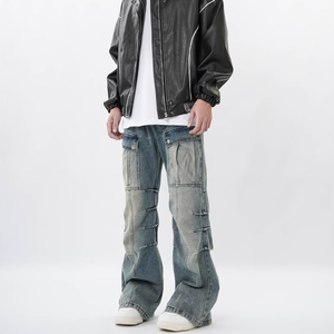 กางเกงยีนส์ขาตรงสไตล์เรโทรสำหรับผู้ชายกางเกงยีนส์ทรงหลวมเอวสูงแบบหลายกระเป๋า - Product Image 5