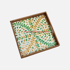Plateau de service en rotin de meilleure qualité avec incrustation de nacre plateau de canne décoratif carré plateau de service à motif floral coquillage - Product Image 3