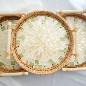 Ensemble de 3 plateaux ronds en rotin et nacre avec poignées, design attrayant, différentes tailles, plateaux de service pour aliments - Product Image 4