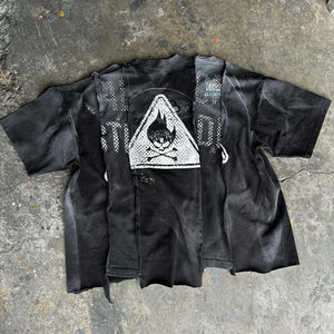 Custom Patchwork Acid Wash <b>Cropped</b> T Shirt For <b>Men</b> Oversized Boxy Fit Cut And Sew Concave Hem Vintage Graphic Streetwear - Product Image 2