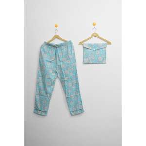 Conjunto de Pijama de Algodón para Mujer en Azul y Verde con Estampado a Mano - Ropa de Dormir Boho, Ropa de Noche Cómoda para Mujer, Precio al por Mayor Premium - Product Image 2