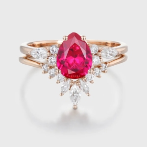 ชุดแหวนแต่งงาน2ชิ้นทำมือ-แหวนหมั้นทำจากทับทิมรูปลูกแพร์ & วงดนตรีโมอิสซาไนต์สำหรับงานแต่งงานสีโรสโกลด์10K - Product Image 4