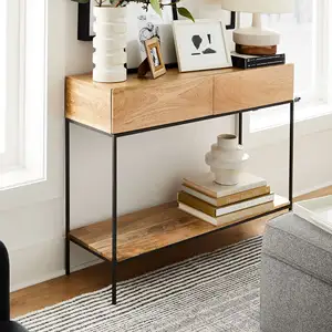 Simpel Design 2层木质客厅沙发边桌仿古长茶几带抽屉