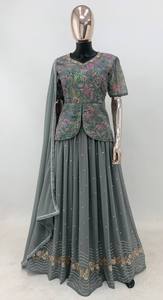 Travail de broderie georgette gris à la mode Lehenga Choli avec Dupatta pour la fête - Product Image 6