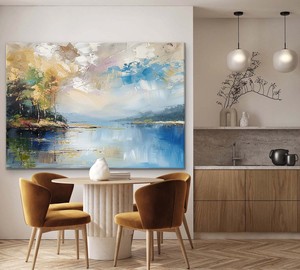 Peinture murale abstraite sur toile bleue et dorée, peinture à l'huile sur toile peinte à la main, art contemporain pour décoration intérieure, sans cadre - Product Image 1