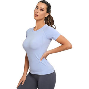 Camiseta corta para mujer, cuello en V, acanalada, de algodón y spandex elástico, informal, para gimnasio, yoga, ropa deportiva, top de verano - Product Image 2