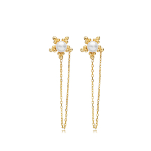Flower Shape <b>Chain</b> Design Pearl Zircon <b>Stud</b> <b>Earrings</b> Turkish Handcrafted Wholesale 925 Sterling Silver Jewelry - Product Image 1