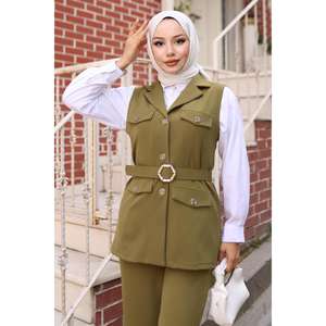 Elegante Conjunto de Chaleco de 2 Piezas Color Caqui MSW19249-4 con Detalle de Bolsillo, Blusa Larga Casual de Poliéster 100% con Cuello Redondo y Manga Larga - Product Image 2