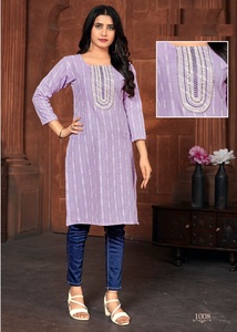 Ready Made Slub Cotton <b>Booti</b> Neck Sequence Work Kurtis for Online Sale - Product Image 6