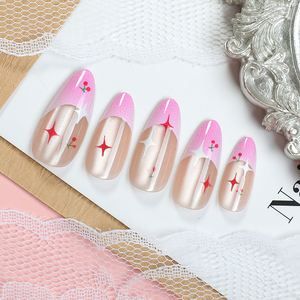 Lot de 24 faux ongles en amande à presser : Design français violet avec étoiles et <span class=keywords><strong>cerises</strong></span> peintes à la main – Kit d'ongles préfabriqués - Product Image 1