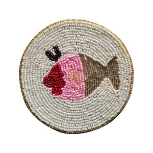 Handcrafted Beaded Tea <b>Coaster</b> with Ice Cream Design <b>White</b> and Gold Border Round Shape Decorative Table Accent - Product Image 3