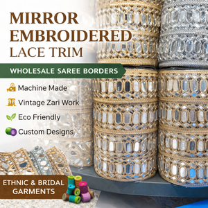 Custom Machine Made Embroidery <b>Mirror</b> Work Lace Border <b>Gold</b> Silver Crochet Gota Trim Eco-Friendly for Saree Dress Wedding - Product Image 2