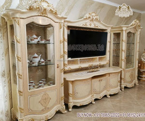 Mueble de TV de Madera de Teca Tallada a Mano de Estilo Moderno con Aspecto Cremoso y Elegante, con Tamaño y Color Personalizables, Soporte de TV de Lujo para Pared - Product Image 3