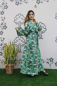 100% Kimono en coton indien fabriqué à la main héritage Boho Chic à motifs floraux fente taille cravate poches sérigraphié Kimono - Product Image 3