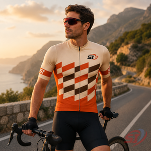 Maillot de cyclisme personnalisé à manches courtes et fermeture éclair intégrale, séchage rapide, pour vélo de route, motif quadrillé Tangerine Sand Espresso - Product Image 5