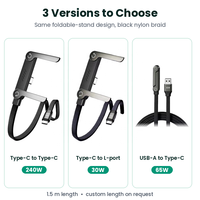 Kabel USB C ke USB C dengan Penyangga Ponsel Lipat 240W 5A PD Pengisian Cepat 90 Derajat Siku Datar Kabel Charger Gaming Berjalin