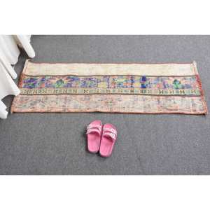 Alfombra turca beige vintage de 1,4X4 pies, diseño clásico de retazos de lana hecho a mano con respaldo de látex para sala de estar o dormitorio - Product Image 5