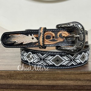 เข็มขัดแฟชั่นใหม่สำหรับผู้ชายและผู้หญิงเข็มขัดลูกปัดหนังแท้เข็มขัดกางเกงยีนส์แบบตะวันตกพร้อมหัวเข็มขัดหมุดสีเงิน - Product Image 1