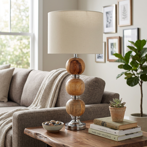 Modern Wooden Ball Table Lamp Stacked Wooden Sphere Bedside <b>Desk</b> Light <b>Rustic</b> Farmhouse Wooden Lamp Post Standing Decor Lamp - Product Image 2