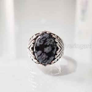 Grossiste Bague pour homme Bague flocon de neige naturel Obsidienne Pierre de naissance Bague toutes tailles Bijoux de fête arabe Bague en argent sterling 925 - Product Image 4
