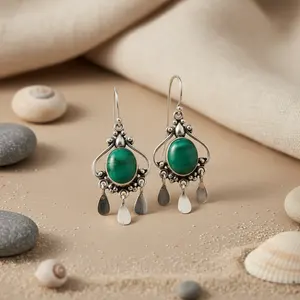925 <b>Silver</b> <b>Dangle</b> <b>Earrings</b> with Green Stone Classic Religious Style Gift Jewelry for Women - Product Image 3