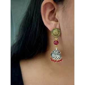 Doble tono rubí y Diamante Stud Jhumki con chapado en oro lindo patrón de alas de moda para boda compromiso fiesta de aniversario - Product Image 2