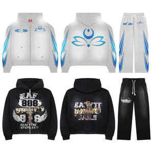 Conjunto de chaqueta y pantalones de chándal con cremallera de lana de algodón 100% unisex, chándal de peso pesado para invierno, ropa de calle de diseño personalizado - Product Image 1