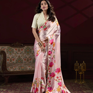 Sari de seda satinada vibrante con borde de encaje de perlas con estampado floral y blusa Banglory Lisa para compradores internacionales B2B - Product Image 1