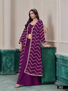 Diseñador Heavy Beautiful Festival Wear Última colección Chinon con blusa superior bordada y Palazo - Product Image 3