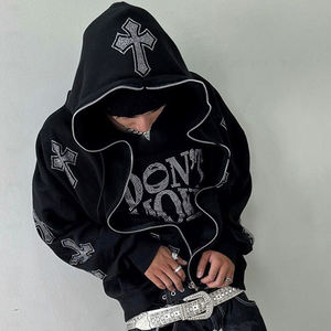 Sudadera con capucha para hombre con estampado de logotipo personalizado y cremallera con diamantes de imitación en relieve, cremallera completa de gran tamaño hecha de forro polar francés - Product Image 1