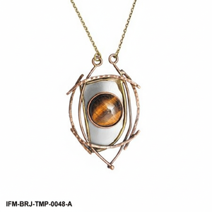 Collar con Colgante de Ojo de Tigre de Metal Mixto Hecho a Mano, Joyería Geométrica Única de Tres Metales en Cobre, Latón y Plata - Product Image 1