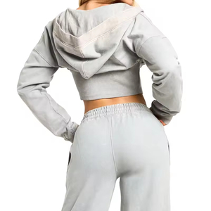 Ensemble de sweat-shirt à capuche zippé intégral pour femme, style hip-hop, vêtements de sport de haute qualité, 100% coton molletonné, délavé au soleil - Product Image 4