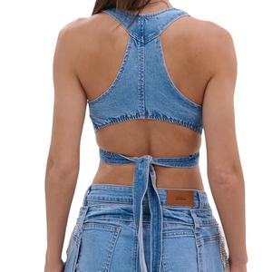 Tops en coton bleu personnalisés, mini-tops sexy, bralette tendance à lacets et à bretelles en poly pour femmes, design à bretelles courtes - Product Image 4