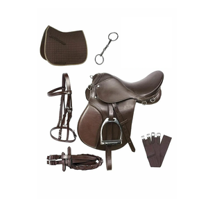 Selle de cheval anglaise tout usage en cuir véritable vert brun, de haute qualité, avec étriers durables - Product Image 2