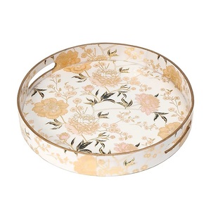 Handmade Golden Floral Printed Wooden Serving Tray for Restaurant, Eco-Friendly Round Shape Wooden Tray for Kitchen & Tabletop - Product Image 1