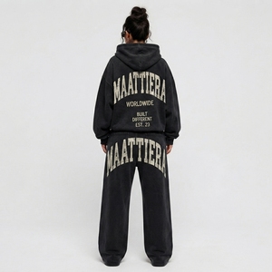Conjunto de Sudadera con Capucha y Cremallera Oversize Personalizada y Pantalones Anchos de Felpa de Algodón Liso para Mujer, Chándal de Dos Piezas Estilo Urbano - Product Image 2