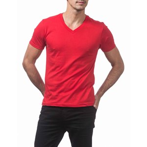 Camiseta de Manga Corta con Cuello en V Roja para Hombre, 100% Algodón Orgánico, Corte Ajustado, Informal, Jersey de Algodón, Color Sólido, Básica - Product Image 3