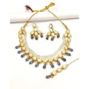 Parure de bijoux fins en Kundan gris perle foncé, plaqué or, classique et tendance, ethnique, religieuse, pour mariage, fête, fiançailles, cadeau - Product Image 3