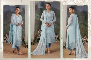 Camisa de gasa bordada a mano de lujo cosida de 3 piezas Dupatta de gasa bordada de lujo y pantalón de seda teñida - Product Image 4