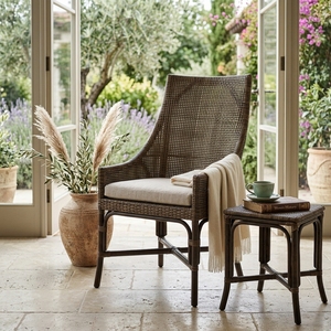 Naturale High Back Woven Rattan <b>Dining</b> <b>Armchair</b> Cushioned Seat Dark Brown Outdoor Patio Garden Chair Setup Art Design Decor - Product Image 5