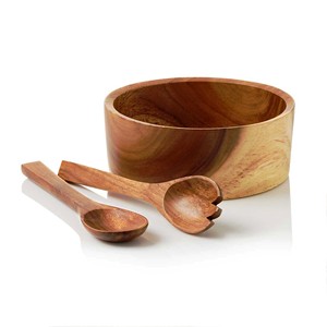 Juego de ensaladeras de madera de acacia Juego de servidor de ensalada de madera natural con 2 torneros Utensilios hechos a mano sostenibles - Product Image 1