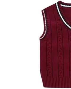 Maroon Knitted Sleeveless <b>Sweater</b> Vest With V Neck Trim <b>Cable</b> <b>Knit</b> Pattern Soft Warm Winter Wear For Students - Product Image 3