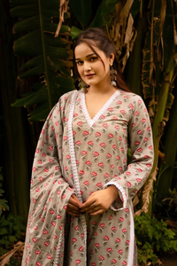 Conjunto de Traje Bordado en Algodón con Estampado a Mano SUNHARI GREY PHOOL JAAL con DUPATTA para Adolescentes, Ropa Casual - Product Image 4