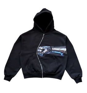 <b>Robot</b> Punch Double Hood Zipper Hoodie French Terry 500 GSM 100% Cotton Distressed Oversized Drop Shoulder Vintage Winter - Product Image 1