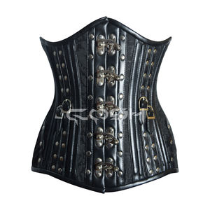 Corset en cuir noir à baleines en acier sous la poitrine - Product Image 4