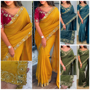 Travail traditionnel de broderie Zari de concepteur de Bollywood avec des paillettes scintillantes fonctionnent sur la Collection Saree de tissu flammé de coton Mysore - Product Image 4