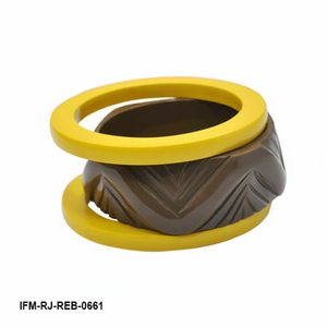 ชุดกำไลข้อมือเรซิ่นแกะสลักด้วยมือ 3 ชิ้น แบบหนา ซ้อนกันได้ สีเหลืองมัสตาร์ดและสีน้ำตาลช็อกโกแลต เครื่องประดับสำหรับผู้หญิง - Product Image 4