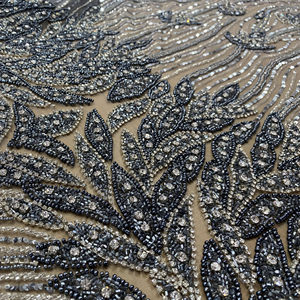 Midnight Charcoal 100% Polyester Jacquard Fabric Leaf Pattern Crystal Embroidered Lace Woven Lightweight 90 GSM Sheer In-Stock - Product Image 1